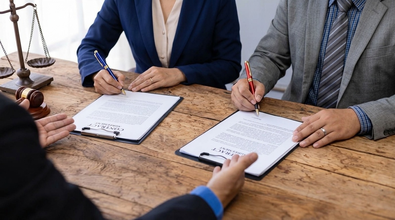 Man and woman sign contract agreements at a wooden desk near a gavel and scales.