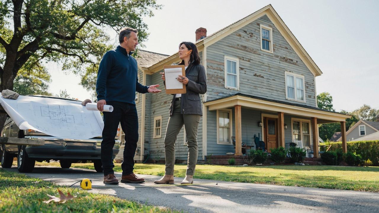 Homeowner discussing renovation plans with a zoning professional outside a house.