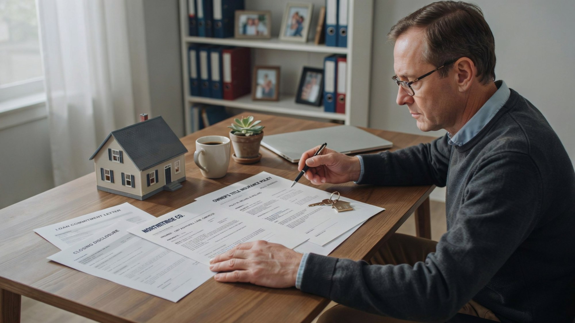 Homeowner reviewing owner's title insurance policy with closing documents.
