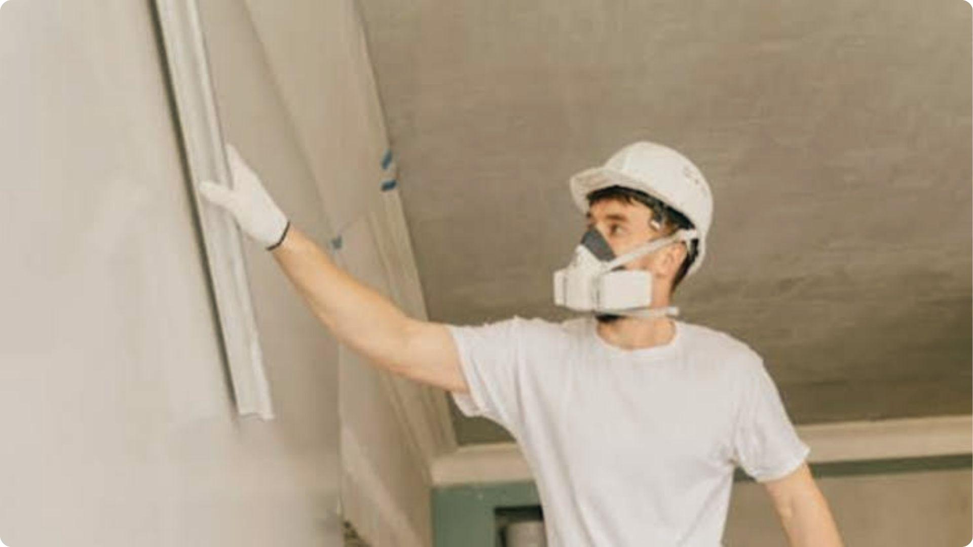 Construction worker in hard hat and mask repairing wall inside house with code violations for sale