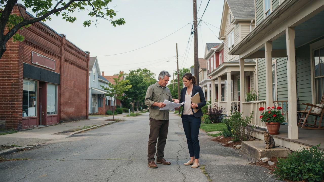 Property owner reviewing zoning documents near an older building in a residential neighborhood.