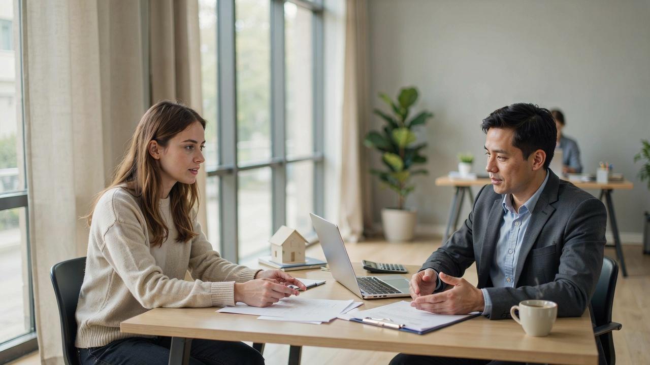 Homebuyer comparing mortgage loan options with a lender while planning a home purchase.