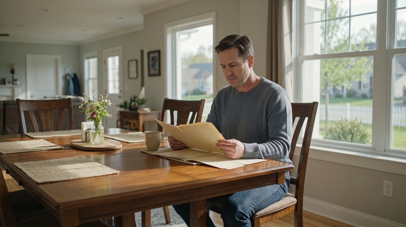Homeowner reviewing property ownership documents inside a residential home