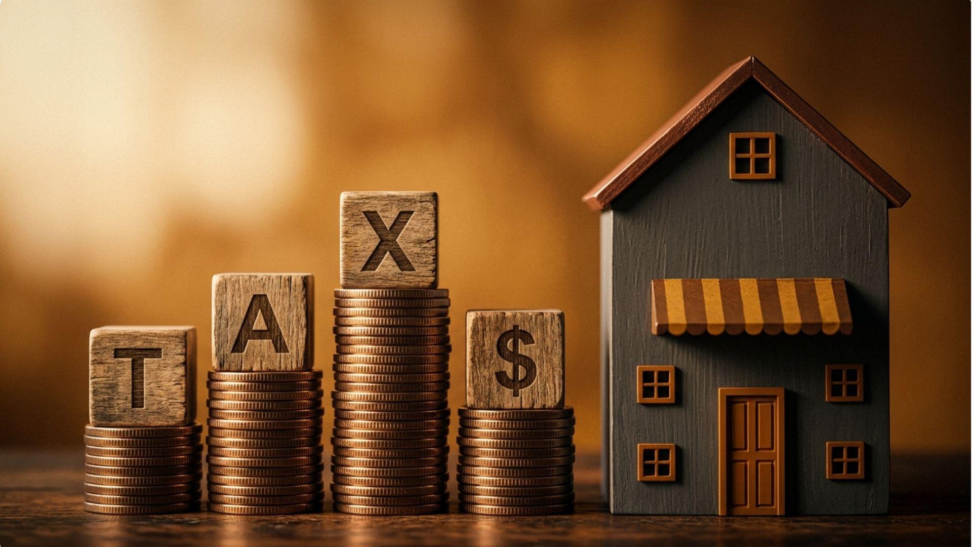 Wooden blocks spelling TAX$ on stacked coins beside model house, property tax concept.