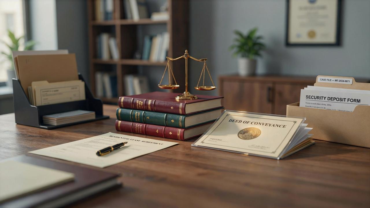 Landlord legal documents, lease agreement, justice scale, security deposit forms, and property records.