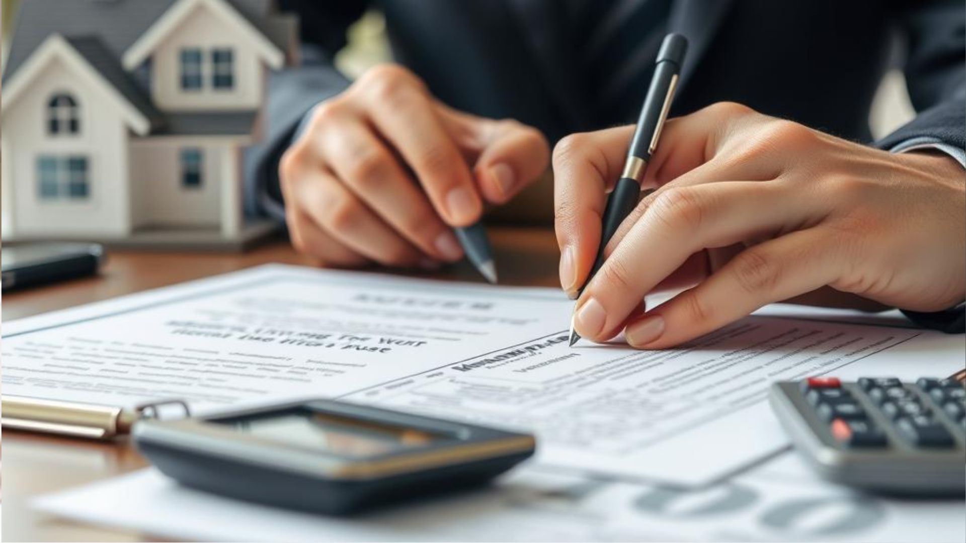 Close-up of hands signing a real estate contract on a desk with a model house, calculators, and documents.