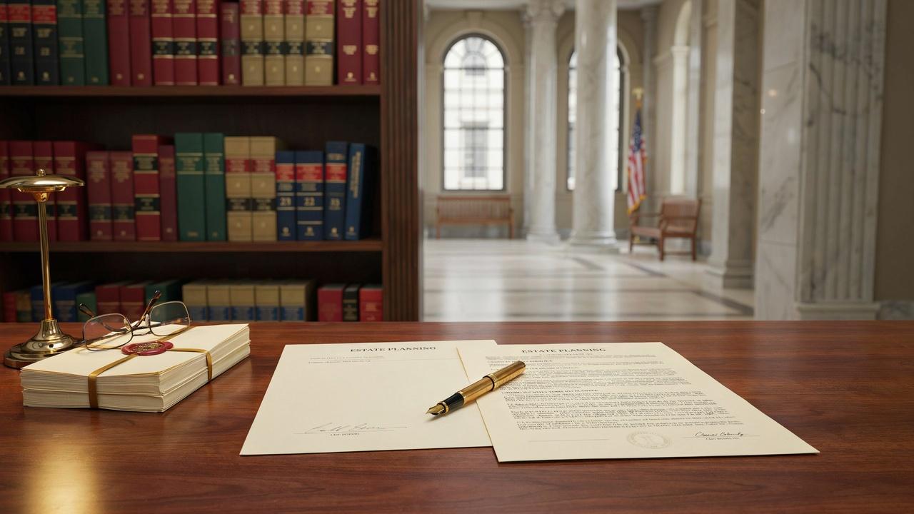 Legal documents explaining simultaneous death inheritance rules with courthouse books and estate planning paperwork.