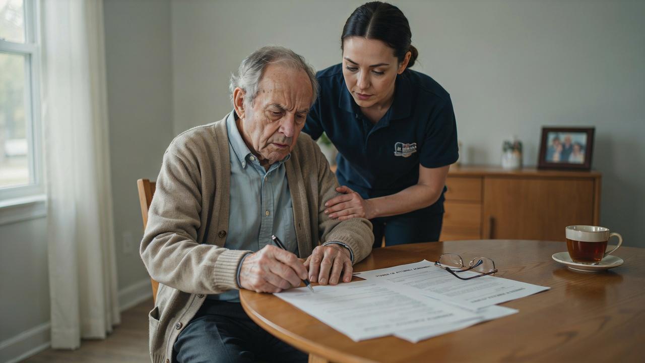 An elderly person looking confused while signing a legal document at a table with a caregiver nearby.