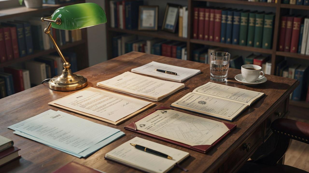 Estate planning documents including wills trusts insurance and property records arranged on the office desk.