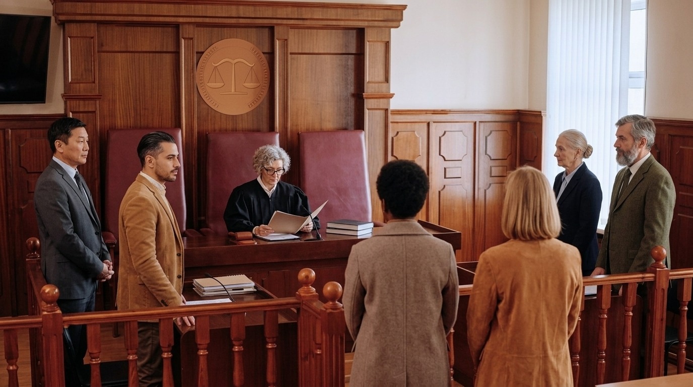 Judge reviews documents at the bench while several people stand before her in a courtroom.