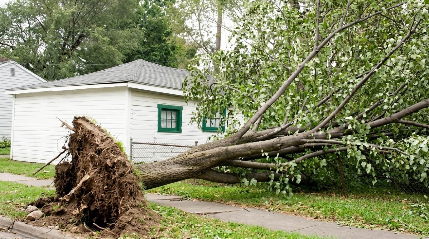 Uprooted tree fell across a yard and fence next to a small white house.