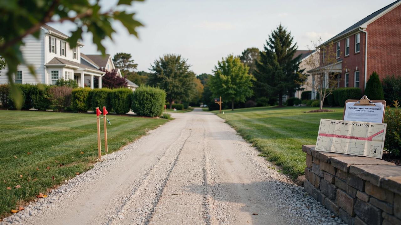 Shared driveway with boundary markers, maintained access path, legal property lines, and recorded easement documentation.