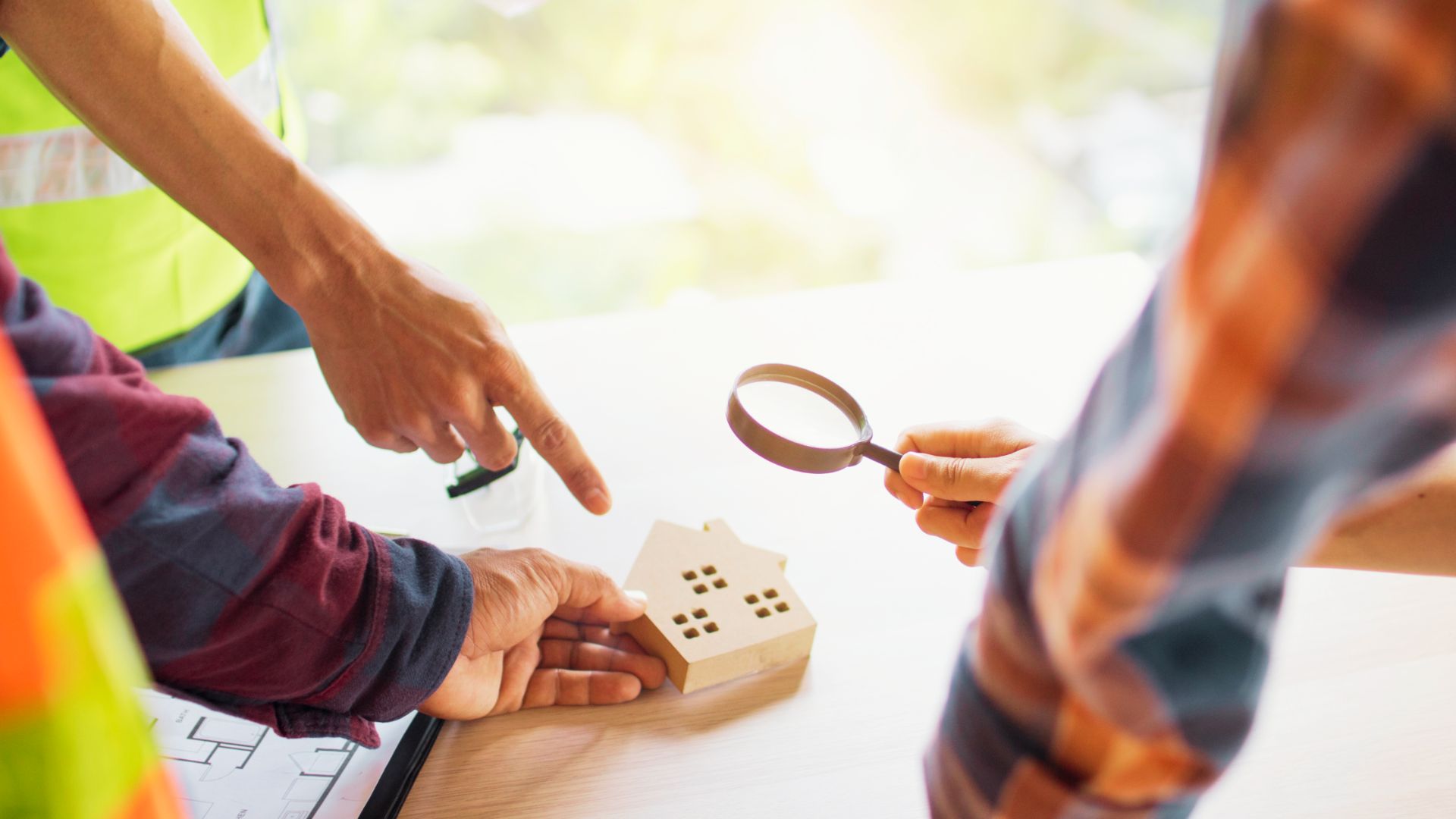 Three people looking at a house model with a magnifying glass, focused on reverse mortgage details for mobile homes.