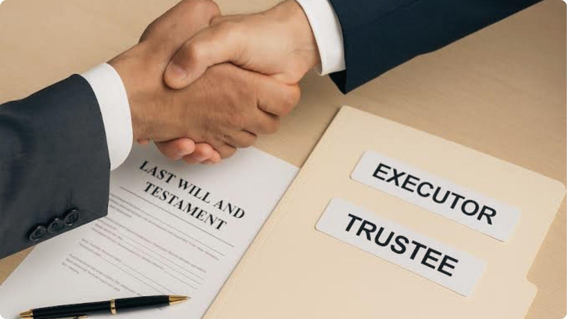 Two professionals shaking hands over Last Will and Testament beside executor and trustee folders