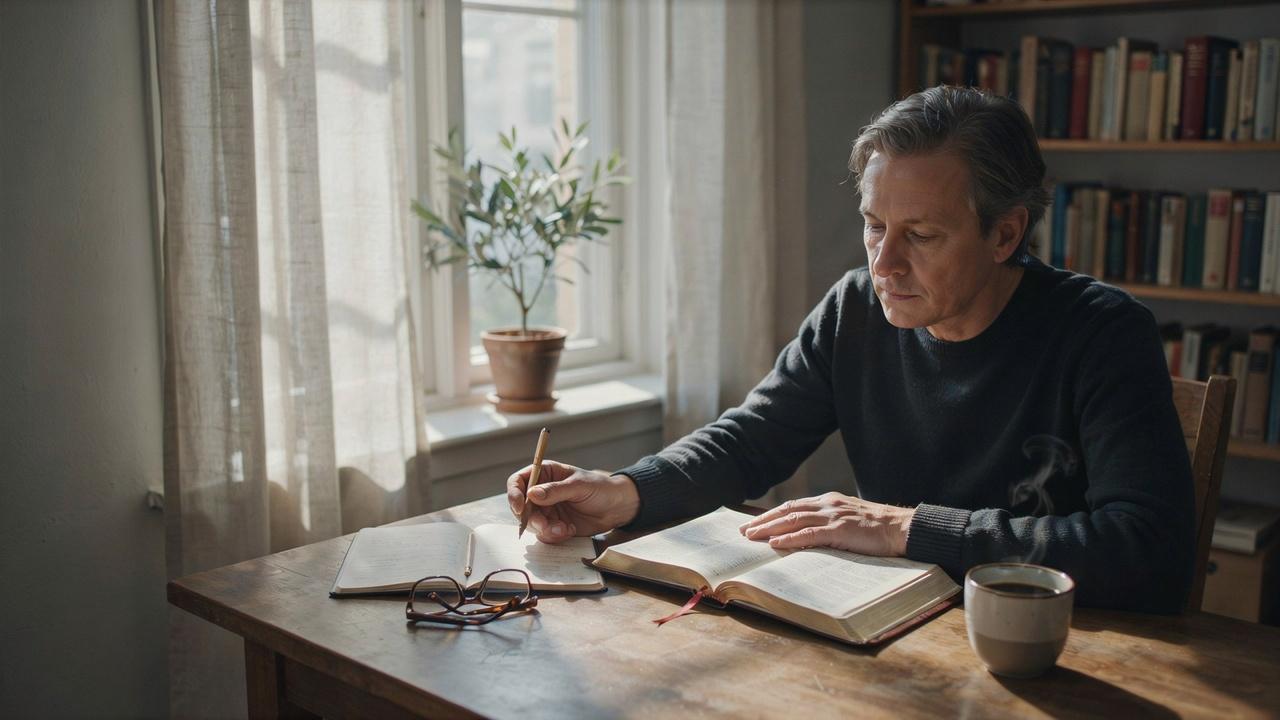 Person studying an open Bible and reflecting on faith and civil authority.