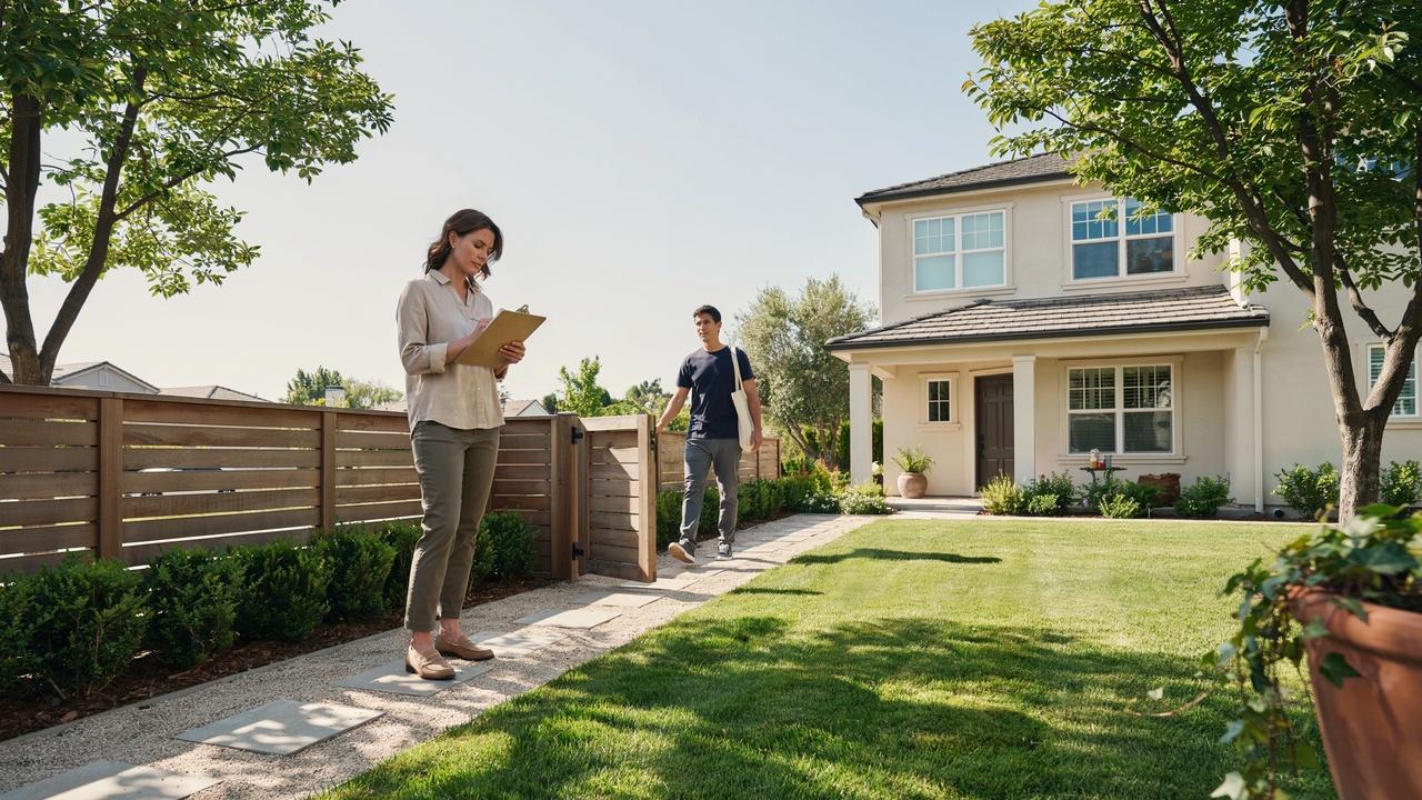 Homeowner reviewing property access while a neighbor uses a legal easement path.