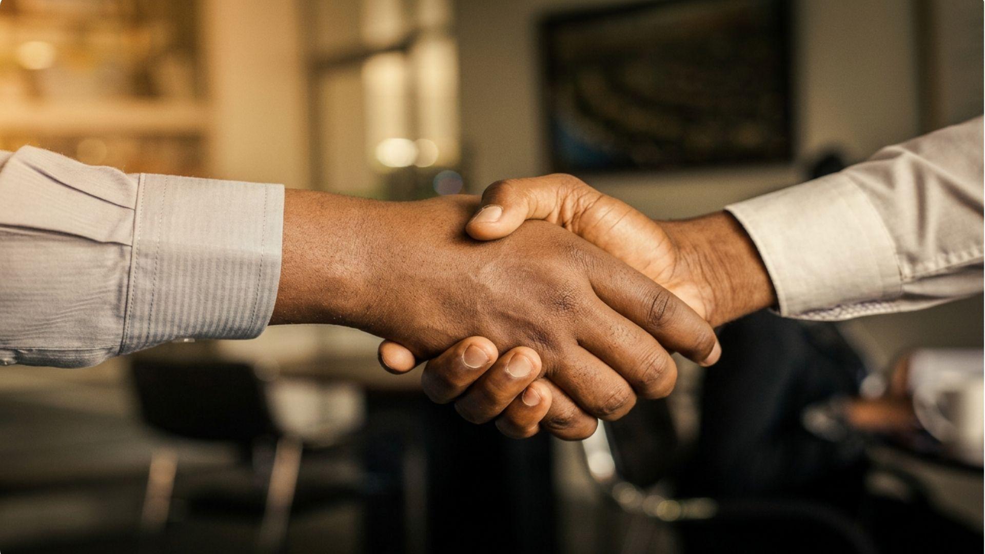 Two people shaking hands in warm and professional office setting, closing a deal