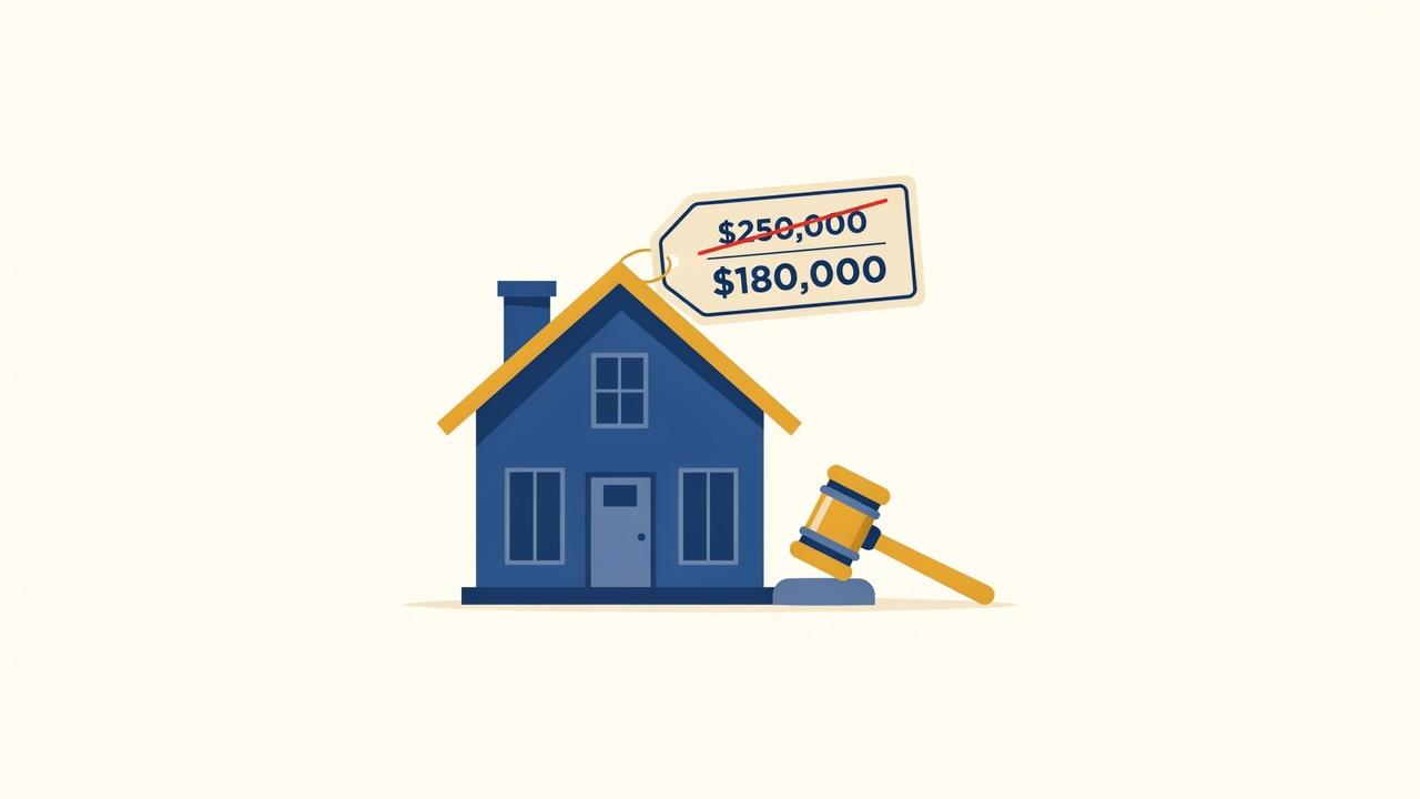 A house shows a price tag with a lower price written under a crossed higher one.