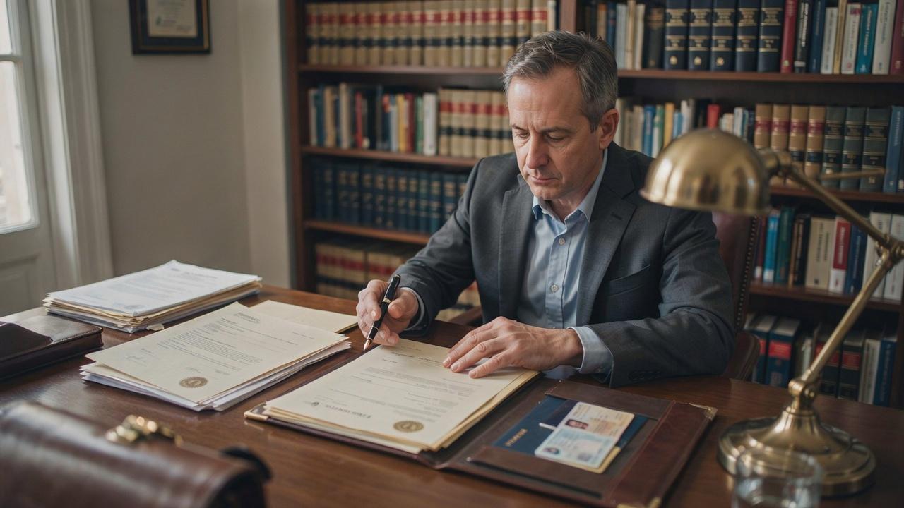 Attorney preparing legal renunciation paperwork with notarized documents for property ownership transfer.