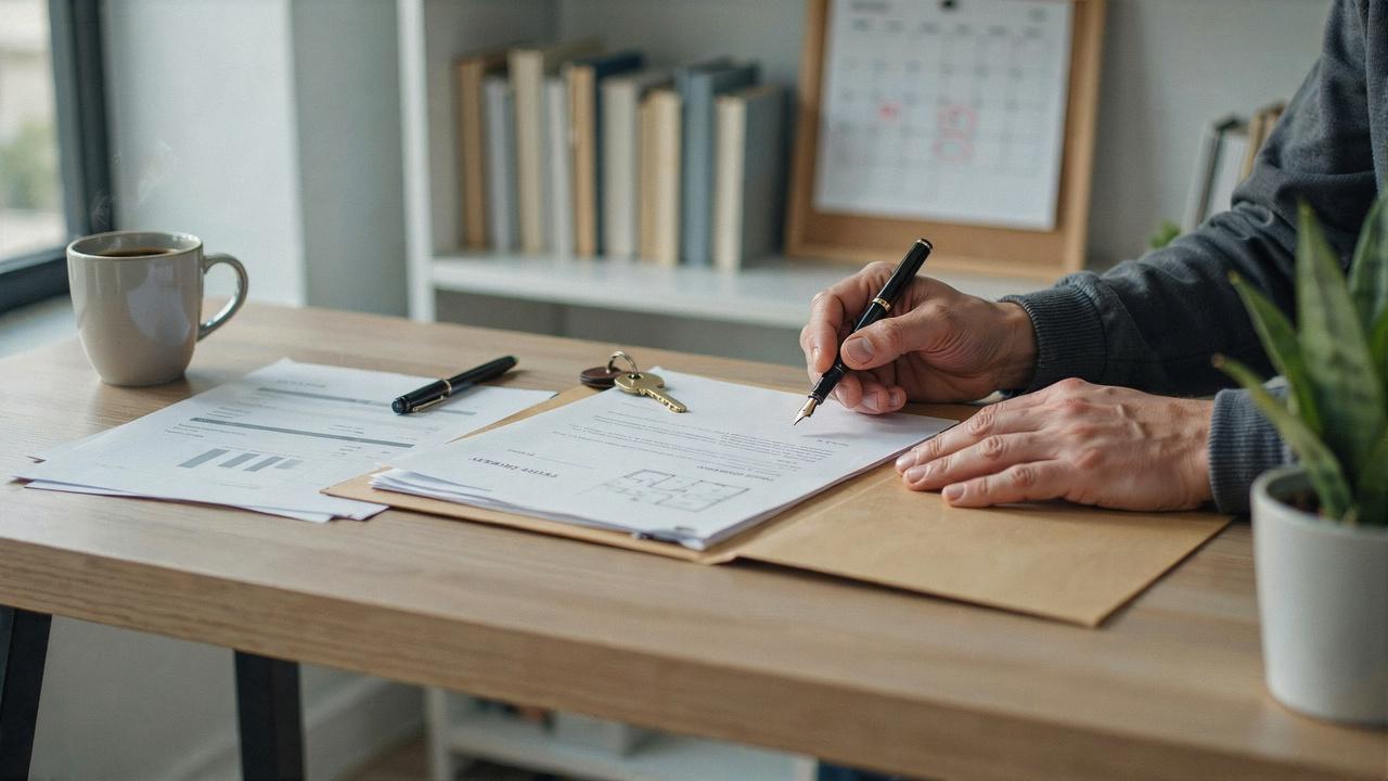 Person creating estate plan with documents, pen, property papers, and checklist representing will and trust setup steps.