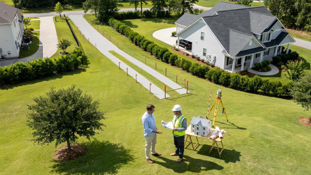 Homeowner and surveyor planning to relocate an easement on residential land.
