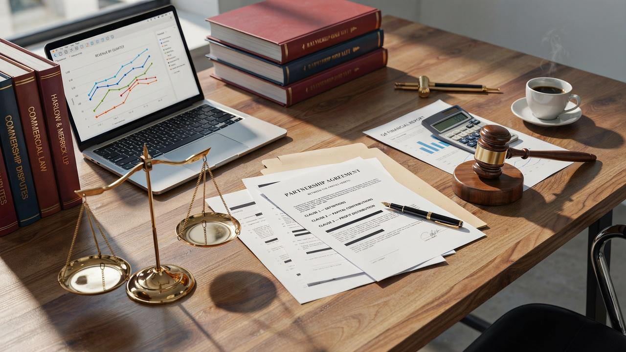 Partnership agreement, legal documents, financial reports, and gavel representing business partnership dispute resolution.