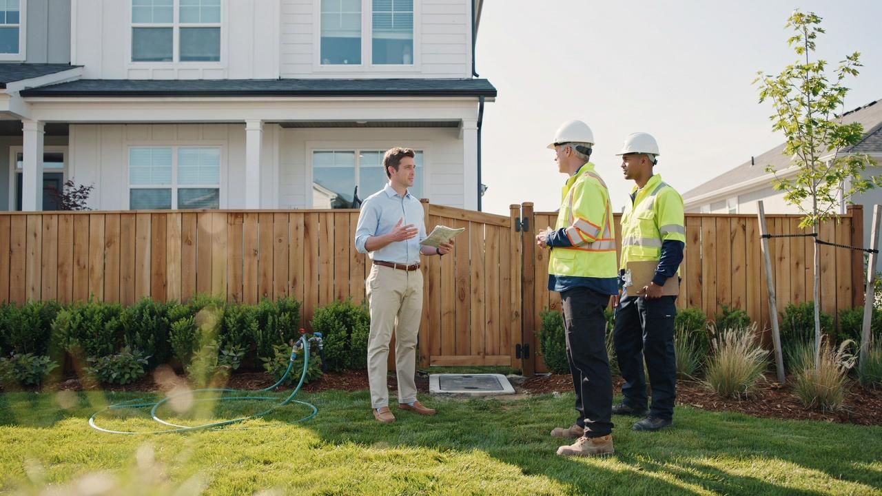 Homeowner discussing a utility easement with utility workers after discovering a property boundary issue.