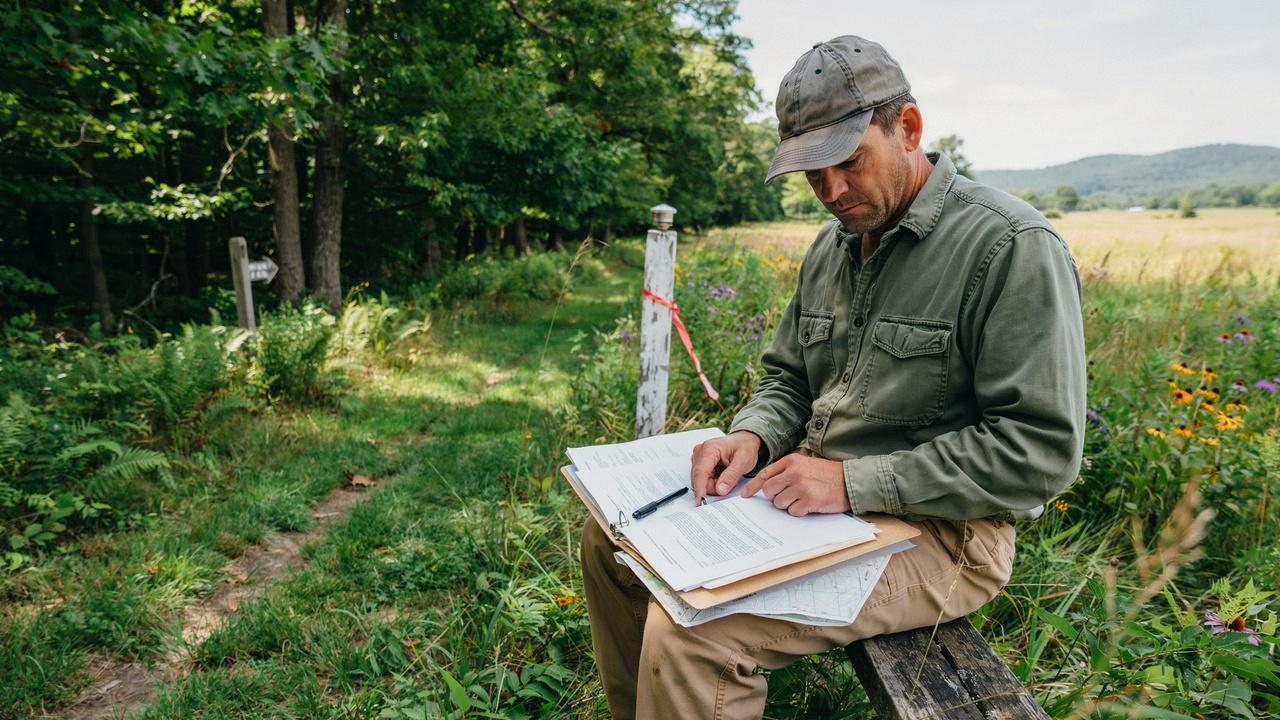 Protected land with conservation easement documents explaining legal land use restrictions.