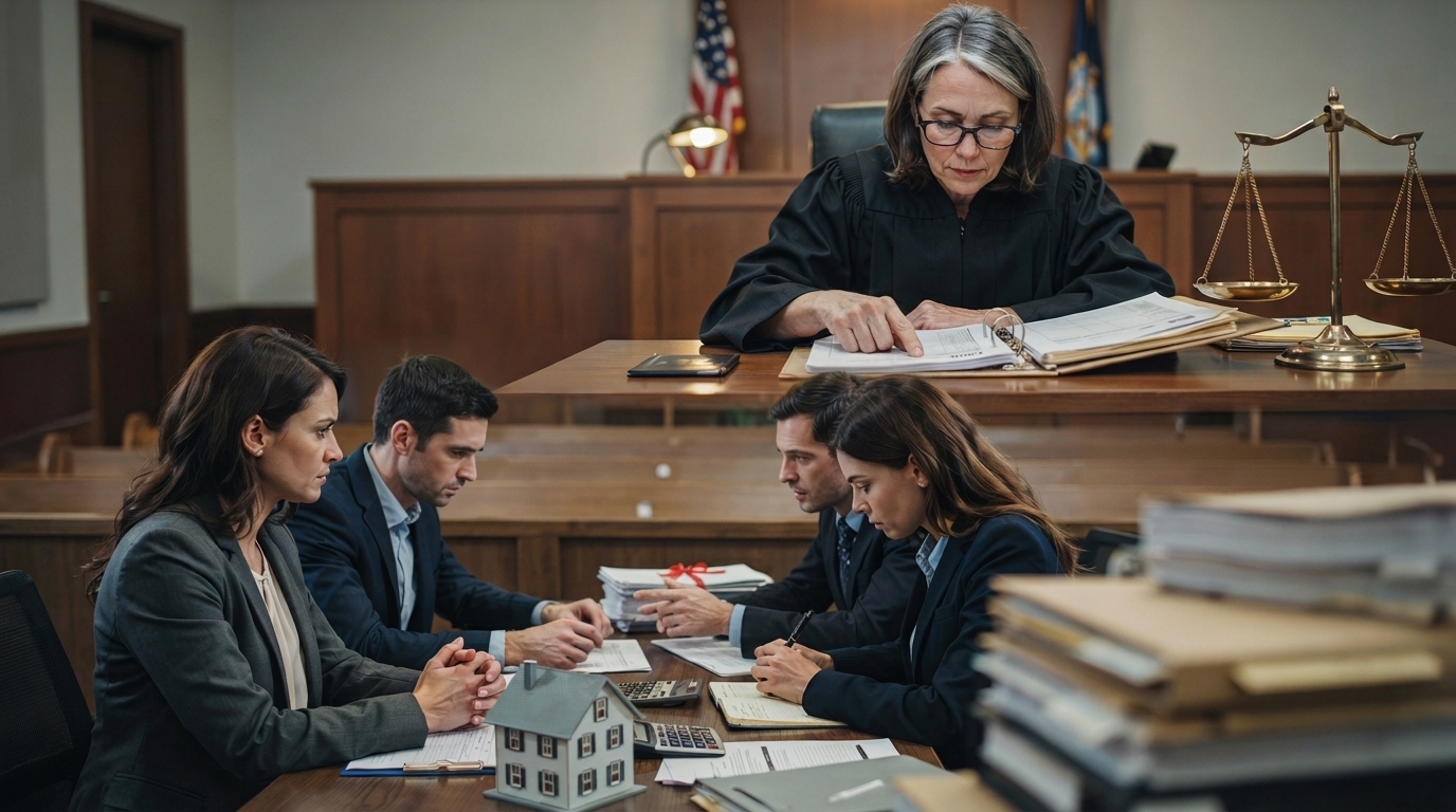 Judge reviewing marital property division during divorce proceedings in family court.