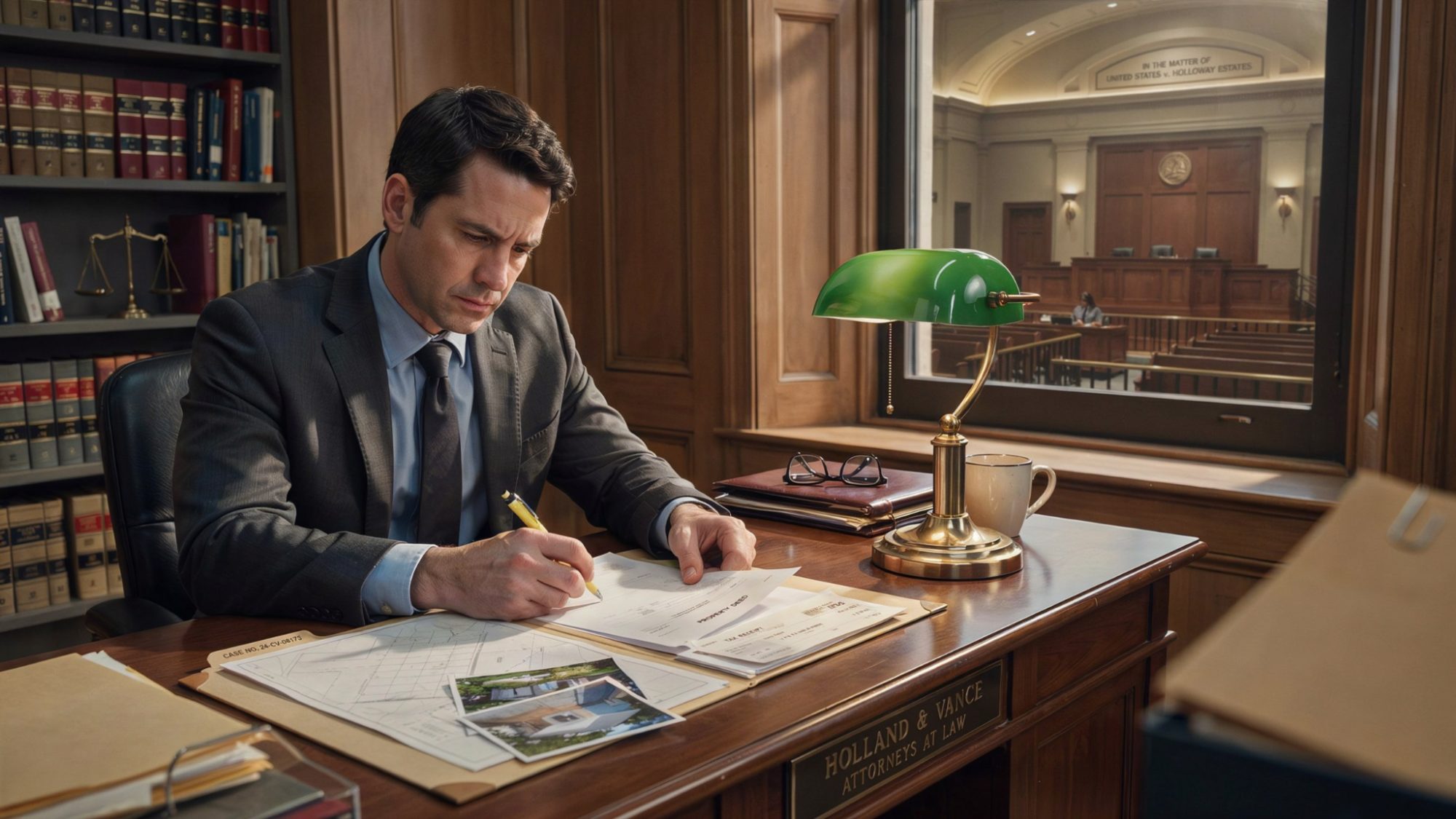 attorney reviewing evidence in an adverse possession dispute