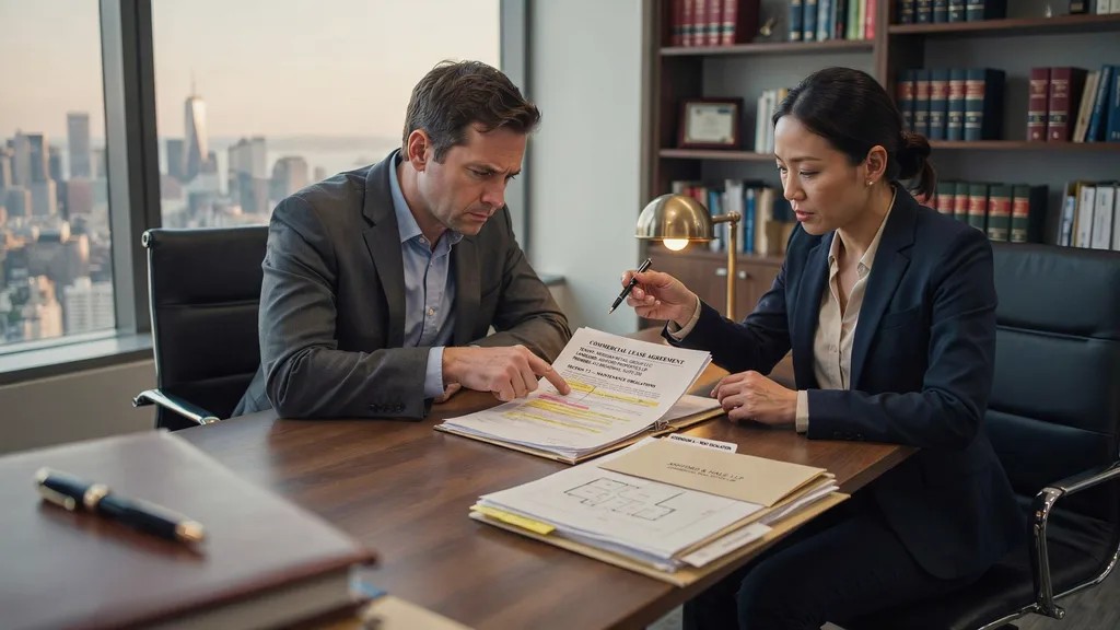 Lawyer advising business owner during commercial property dispute meeting.