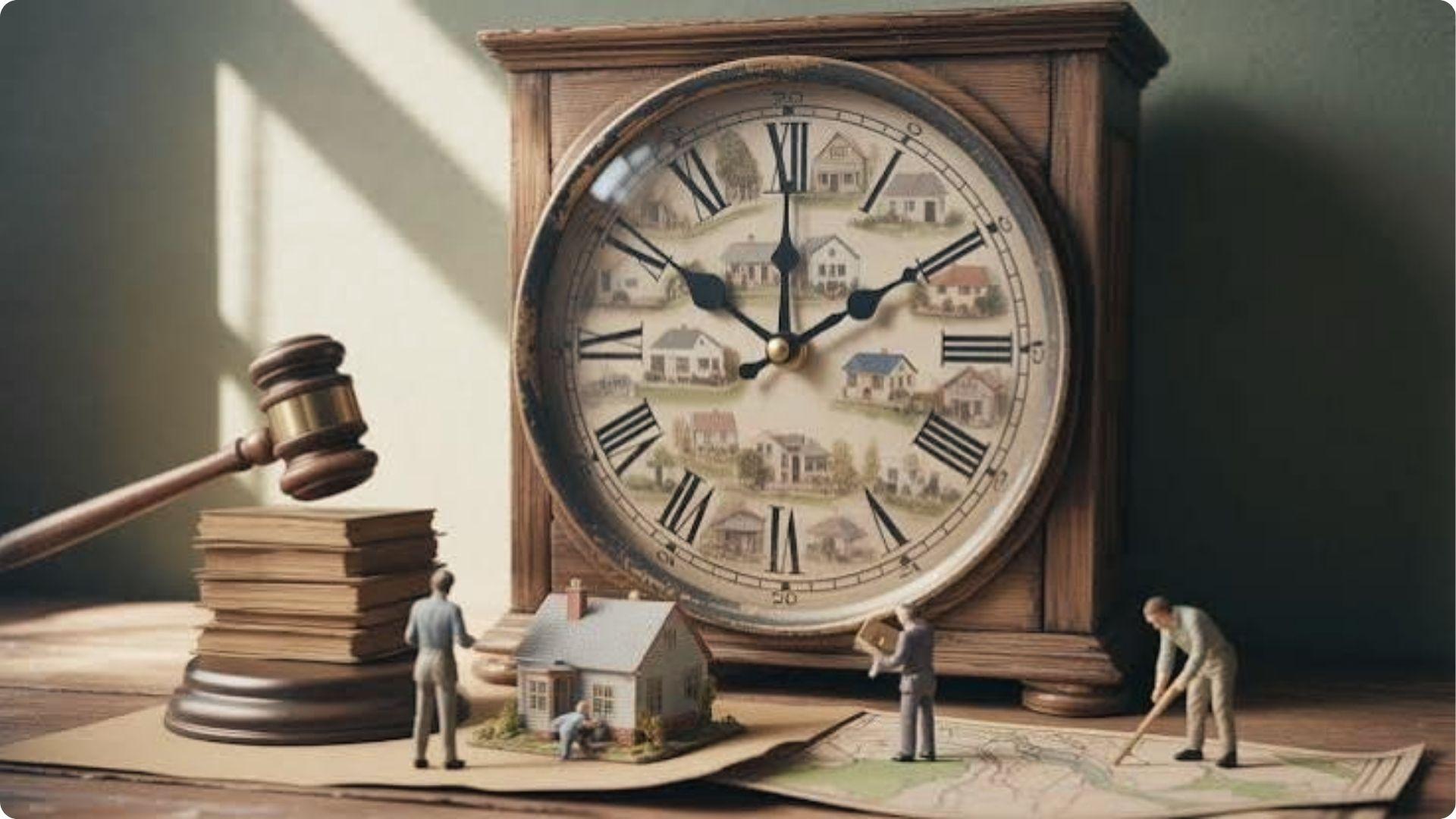 Clock with house icons, gavel on books and tiny figures mapping land shows property time limits.