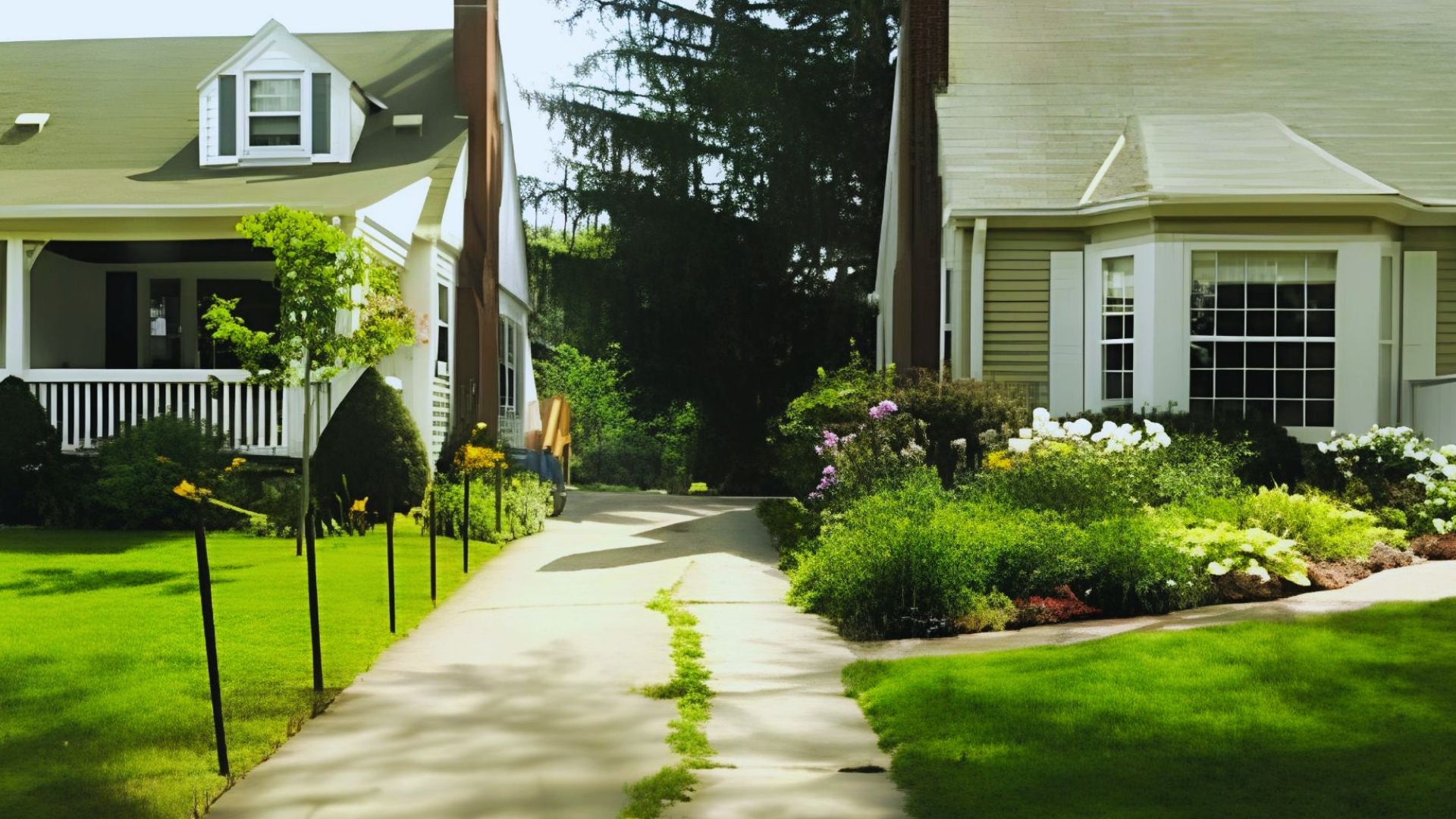 Shared driveway easement between two neighboring suburban homes with landscaped gardens illustrating property access rights