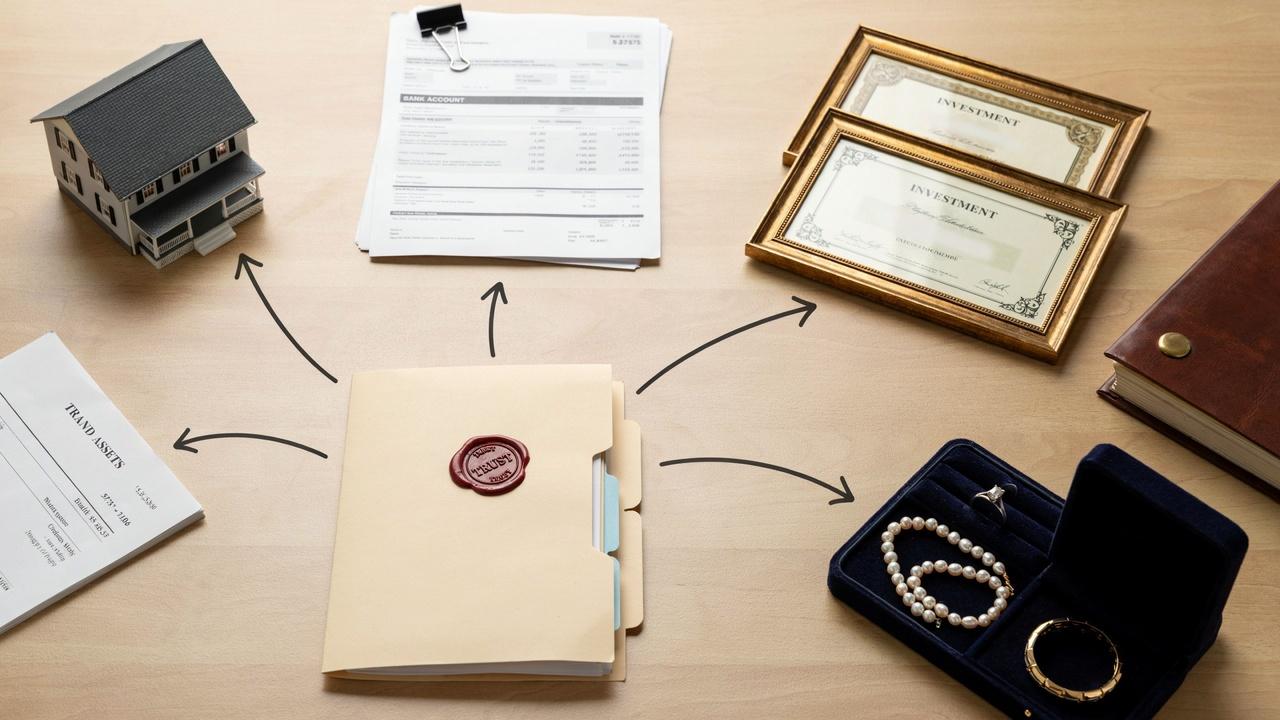 Trust property including home, investments, bank accounts, and legal documents transferred into a trust.