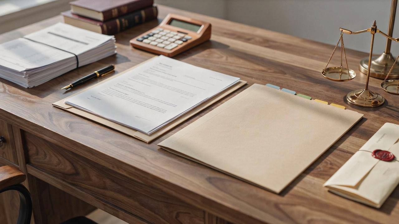 Revocable and irrevocable trust documents with estate planning papers, calculator, and legal folders on desk.