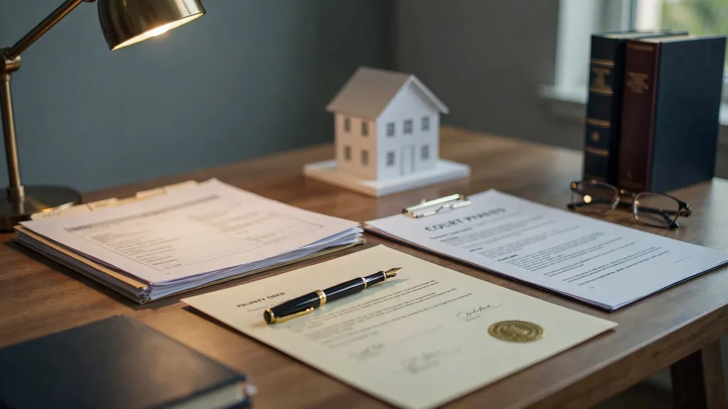 Property deed with legal paperwork representing ownership disputes, creditors, and legal risks.