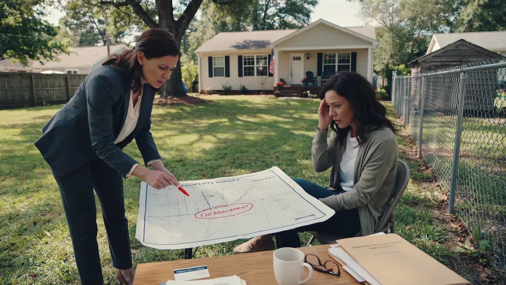 Buyer and real estate agent discussing a property survey showing an encroachment issue.