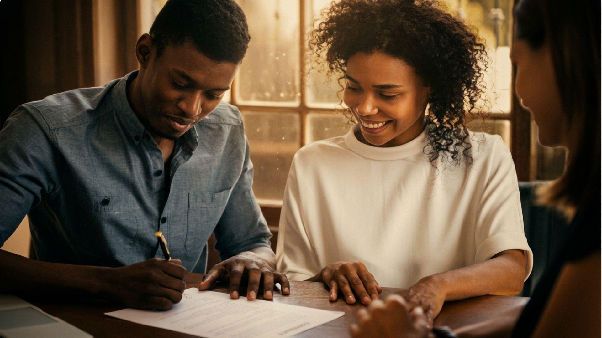 Smiling young couple signing paperwork with agent at sunlit table.
