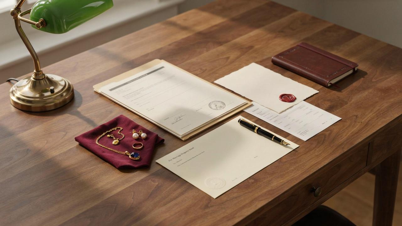 Inheritance papers, personal savings, and property deeds representing separate property ownership.