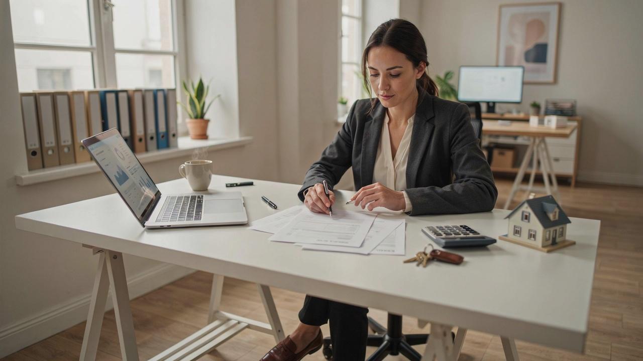 Property manager reviewing lease agreements and rental records while managing tenant leases.