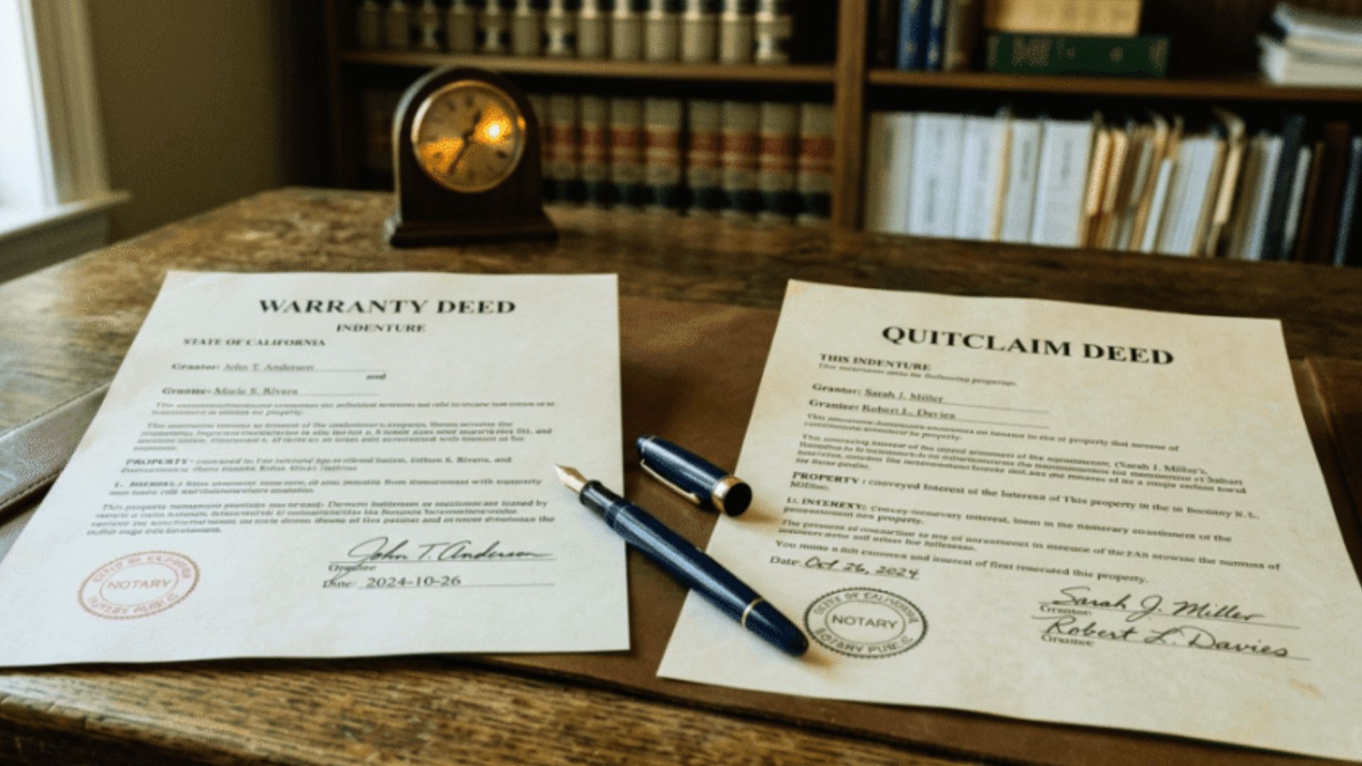 Warranty deed and quitclaim deed documents side by side on law office desk with fountain pen