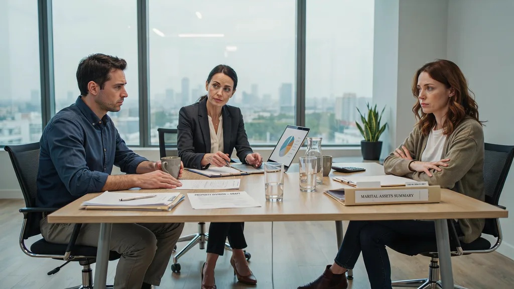 Divorcing couple resolving property division through mediation.