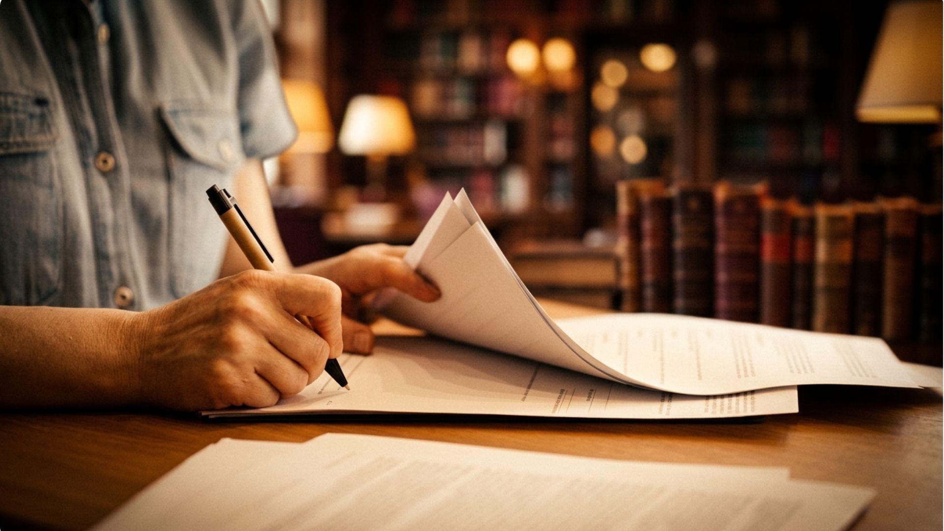 Person signing multi-page legal document with pen in warm library setting.