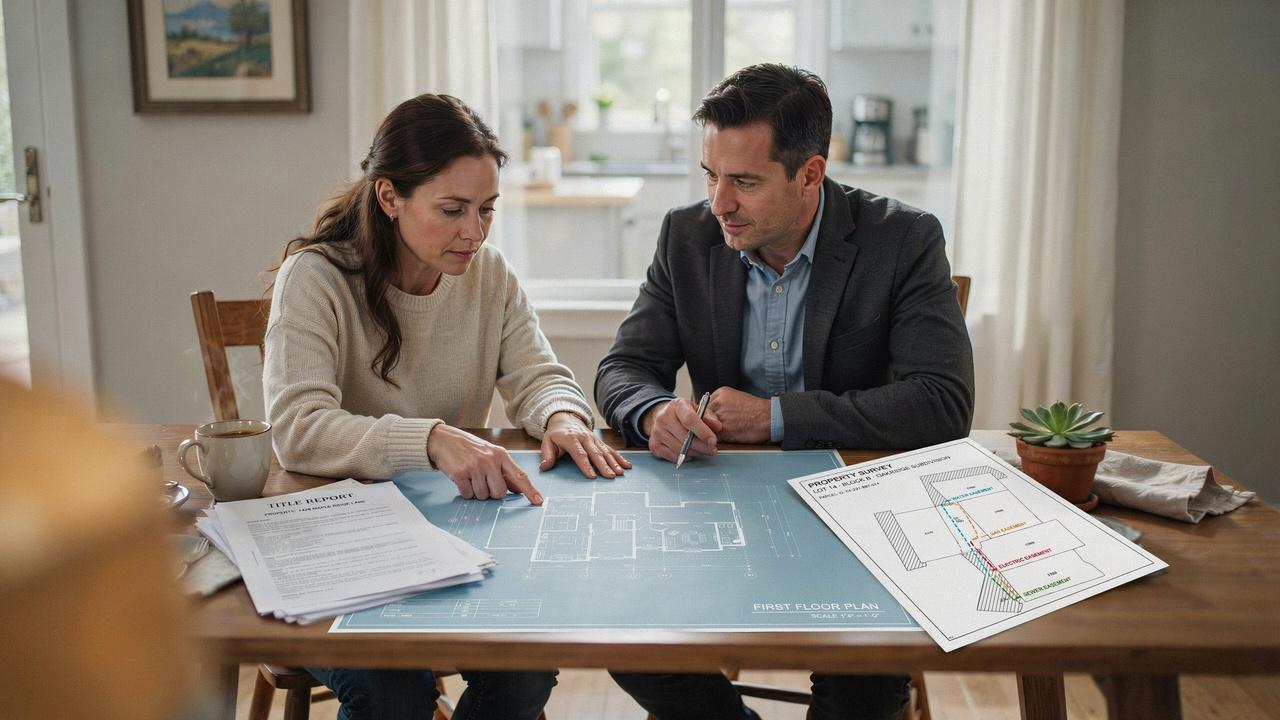Homeowner reviewing property documents and easement records with a real estate agent during a home sale process.