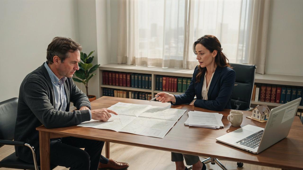 Homeowner consulting a real estate attorney about challenging or removing a utility easement.