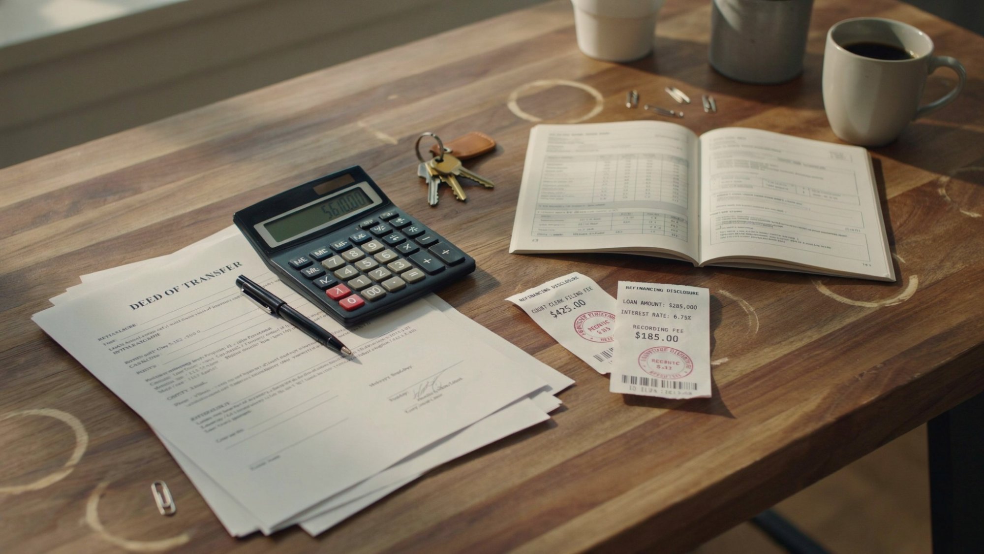 Calculator and legal paperwork showing the costs of a quitclaim deed and mortgage changes.