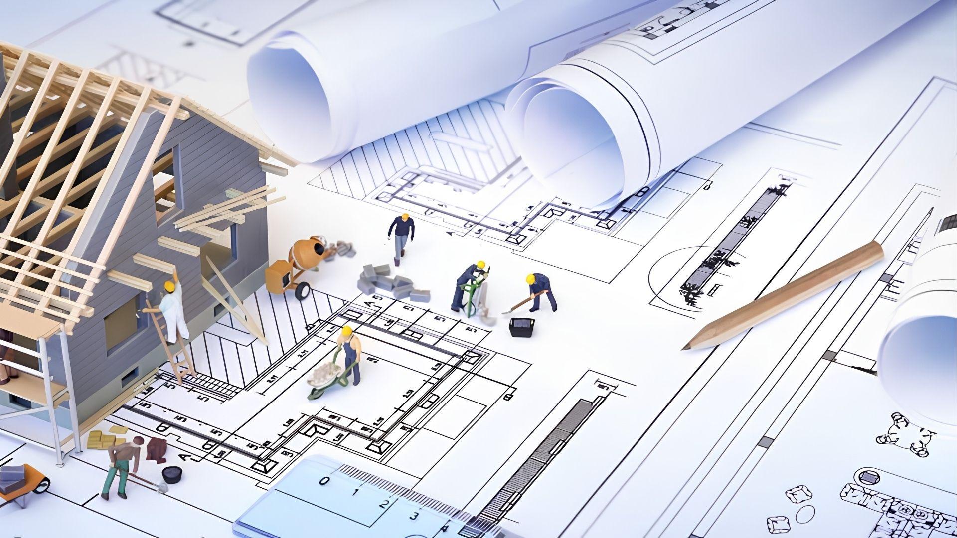 House construction plans with blueprints, model home, and mini workers.
