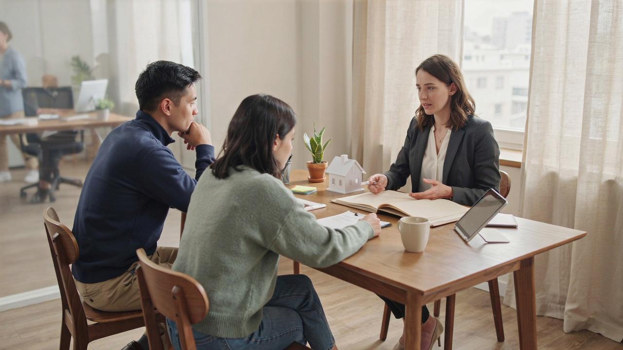 Homebuyer reviewing mortgage documents and financing options with a loan officer.