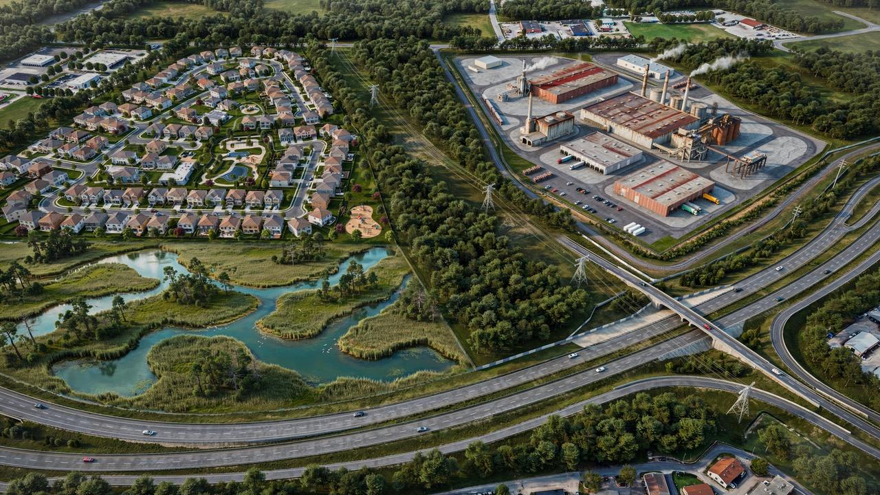 Residential, industrial, environmental, and transportation buffer zones protecting nearby properties.