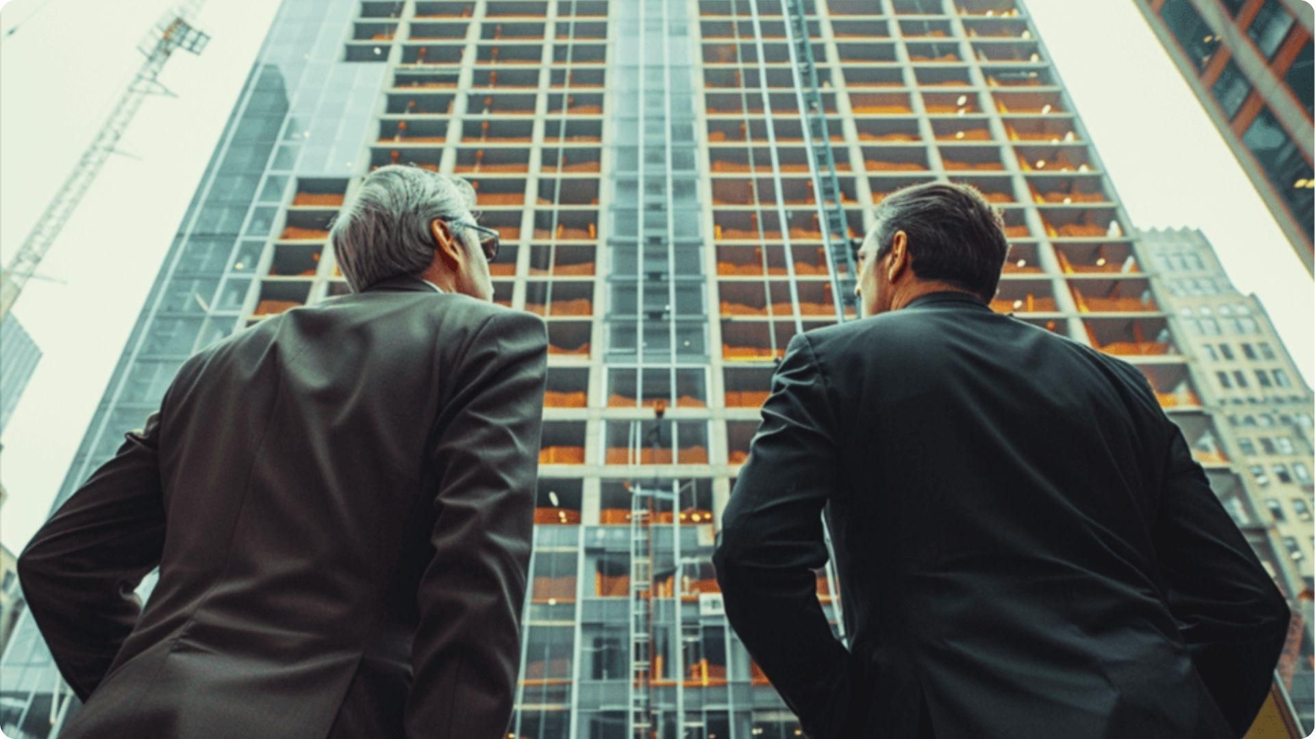 Two businessmen in dark suits with backs to camera looking up at tall glass skyscrapers under construction with a crane.